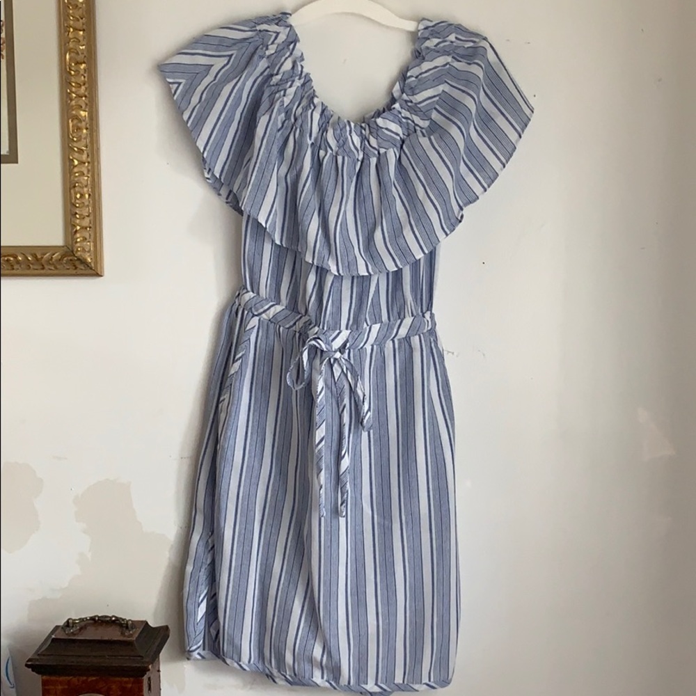 Linen blend white and baby blue pinstripe dress